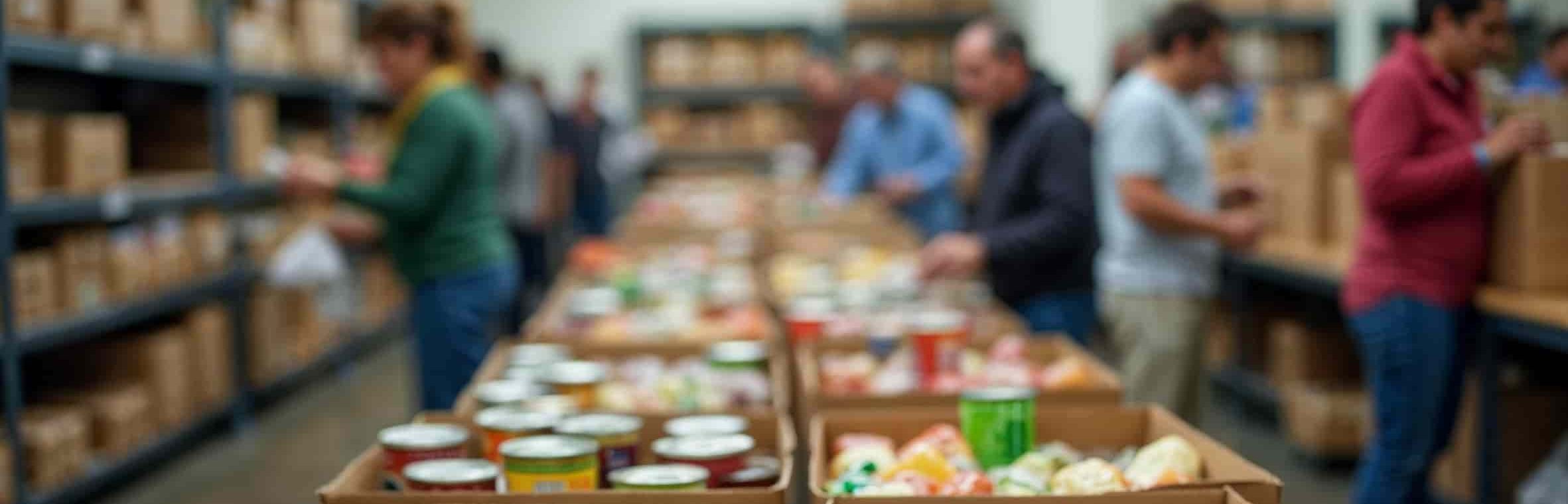 Busy community food bank with neatly arranged canned goods