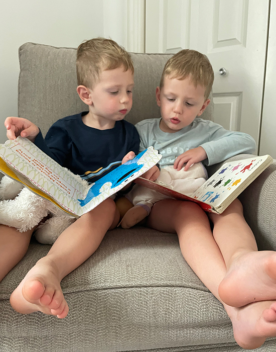 Toddler boys sitting on a chair, each holding their own book