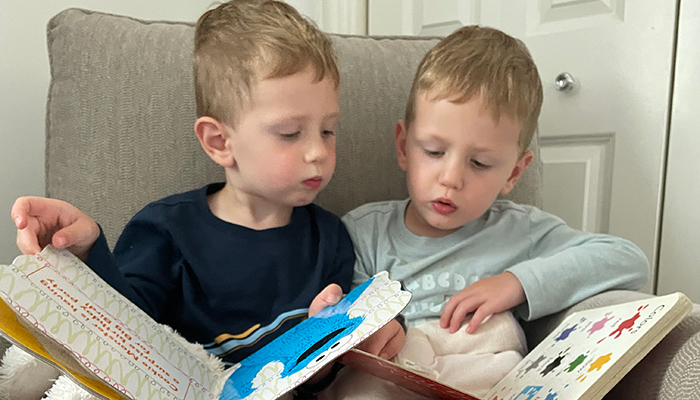 Twin toddler boys sitting on a chair, each holding a book