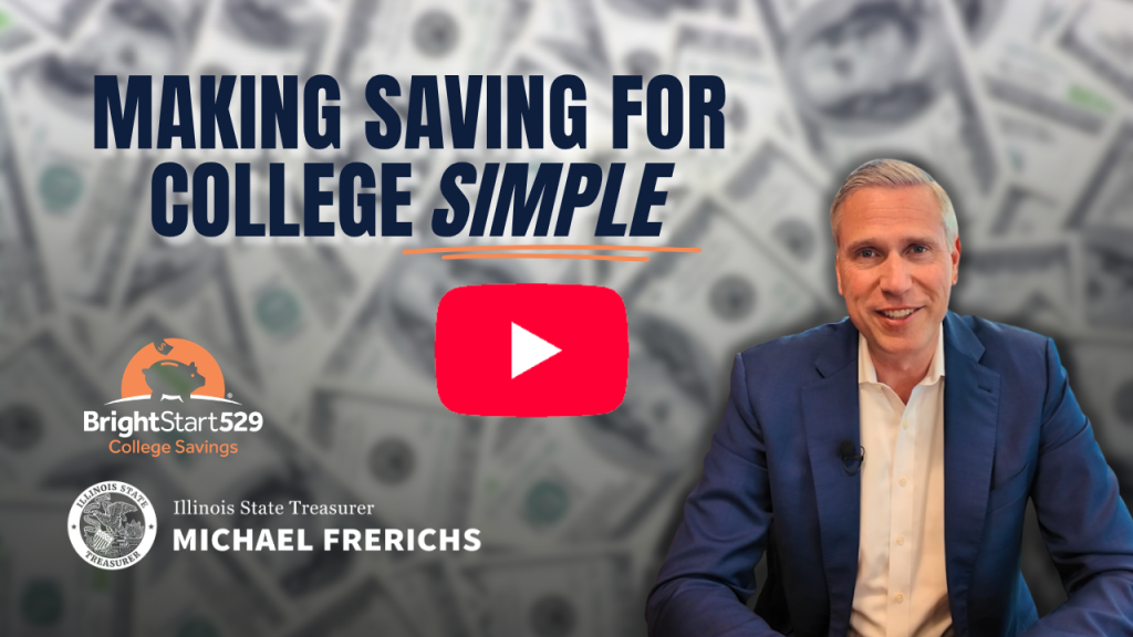 Video: Treasurer Frerichs facing the camera as a blurred image of cash is visible behind him. Overlaying text reads: Making Saving for College Simple